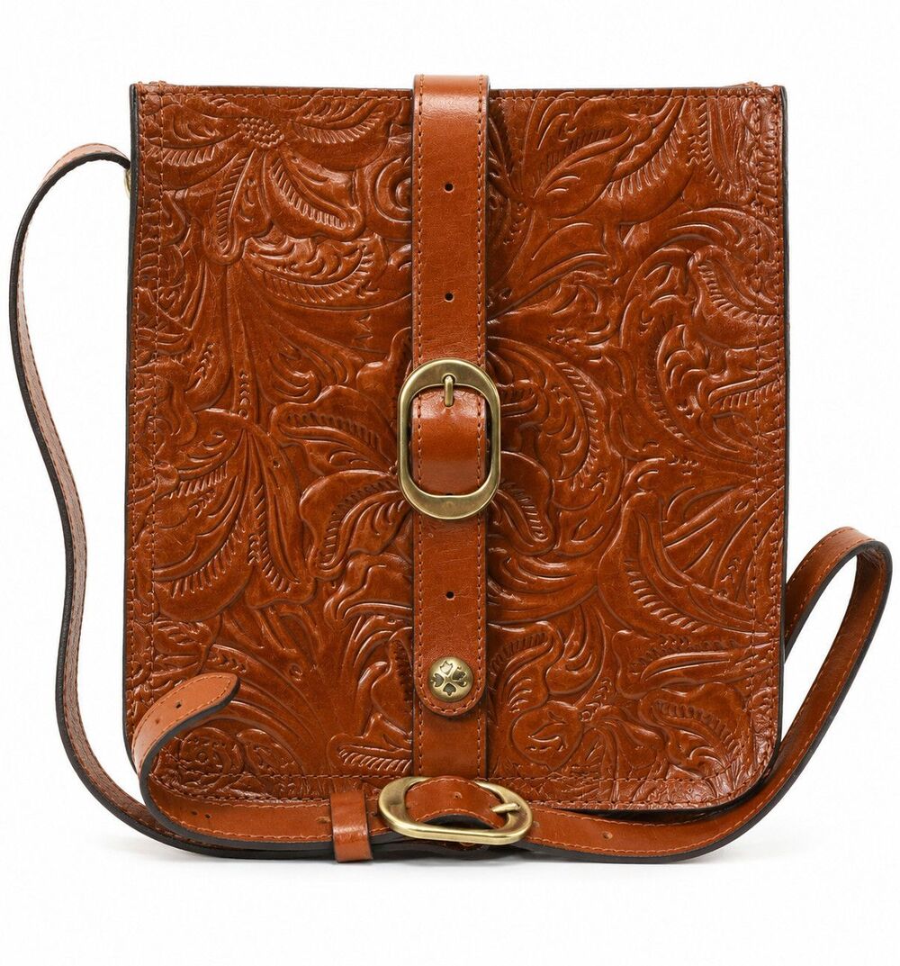 Patricia Nash Tooled Floral Leather Crossbody Bag Cognac Brown Buckle Purse New